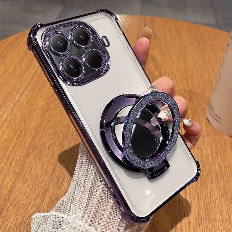 For Xiaomi 15T Pro 17T Pro Glitter Mirror Magnetic Stand Holder Case For Xiaomi 17 Max Shockproof Soft Silicone Plating Cover