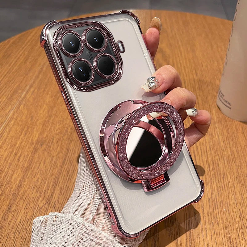 For Xiaomi 15T Pro 17T Pro Glitter Mirror Magnetic Stand Holder Case For Xiaomi 17 Max Shockproof Soft Silicone Plating Cover